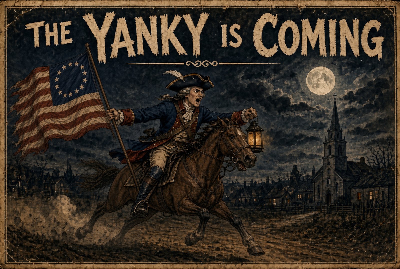 Yanky riding at night with a lantern and a 13-star flag. The Yanky is coming.